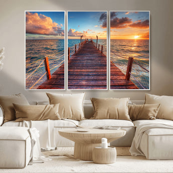 28836-MGV-CV-36X24-Ocean Pier Sunset Wall Art – Wooden Dock and Golden Horizon Canvas Print, Coastal Seascape Photography for Living Room, Bedroom,