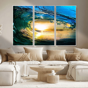 19378-MGV-CV-36X24-Ocean Wave Sunset Wall Art – Vibrant Surf and Golden Horizon Canvas Print, Coastal Seascape Photography for Living Room, Bedroom,