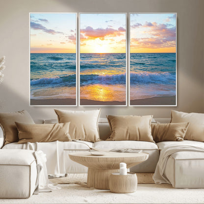 78006-MGV-CV-36X24-Golden Sunrise Ocean Wall Art – Panoramic Beach Waves Canvas Print, Coastal Seascape Artwork for Living Room, Bedroom, Office, or