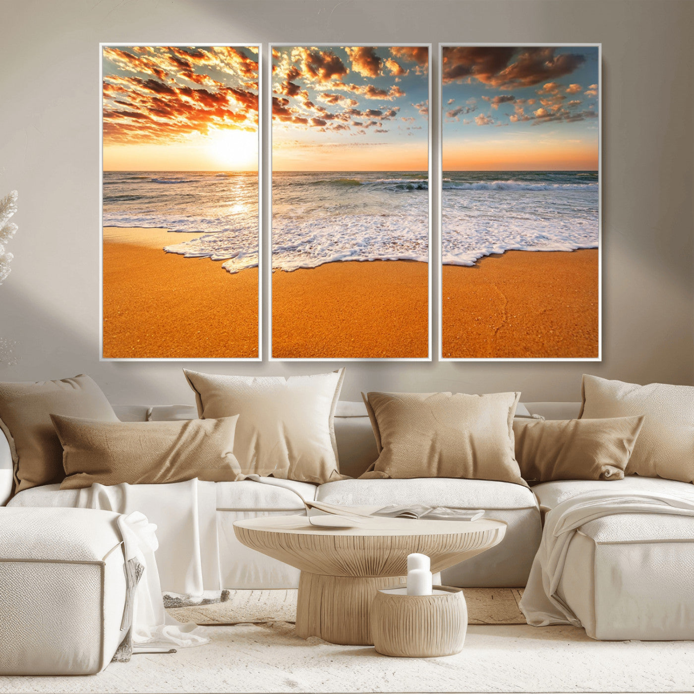 15399-MGV-CV-36X24-Golden Sunrise Beach Wall Art – Ocean Waves on Sandy Shore Canvas Print, Coastal Seascape Decor for Living Room or Bedroom