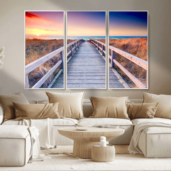 60625-MGV-CV-36X24-Beach Boardwalk Sunrise Wall Art – Coastal Pathway to Ocean Canvas Print, Seaside Landscape Decor for Home or Office
