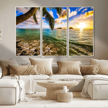 68606-MGV-CV-36X24-Tropical Palm Tree Ocean Wall Art – Sunset Beach Seascape Print, Coastal Paradise Decor for Living Room or Office