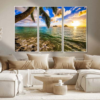 68606-MGV-CV-36X24-Tropical Palm Tree Ocean Wall Art – Sunset Beach Seascape Print, Coastal Paradise Decor for Living Room or Office