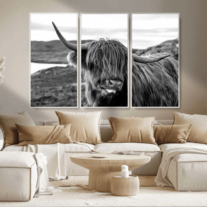 83810-MGV-CV-36X24-Highland Cow Wall Art – Black and White Highland Cattle Print, Rustic Farmhouse Animal Decor for Living Room