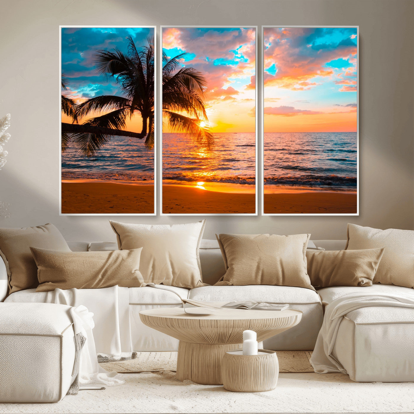 34674-MGV-CV-36X24-Tropical Sunset Beach Wall Art – Palm Tree Ocean Canvas Print, Coastal Seascape Decor for Living Room or Office Wall