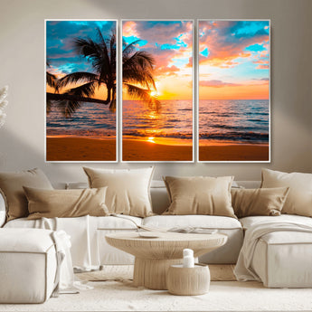 34674-MGV-CV-36X24-Tropical Sunset Beach Wall Art – Palm Tree Ocean Canvas Print, Coastal Seascape Decor for Living Room or Office Wall