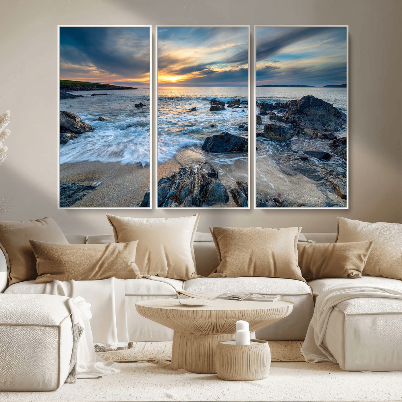 17902-MGV-CV-36X24-Rocky Shore Ocean Sunset Wall Art – Coastal Seascape Canvas Print, Nature Beach Decor for Living Room or Office