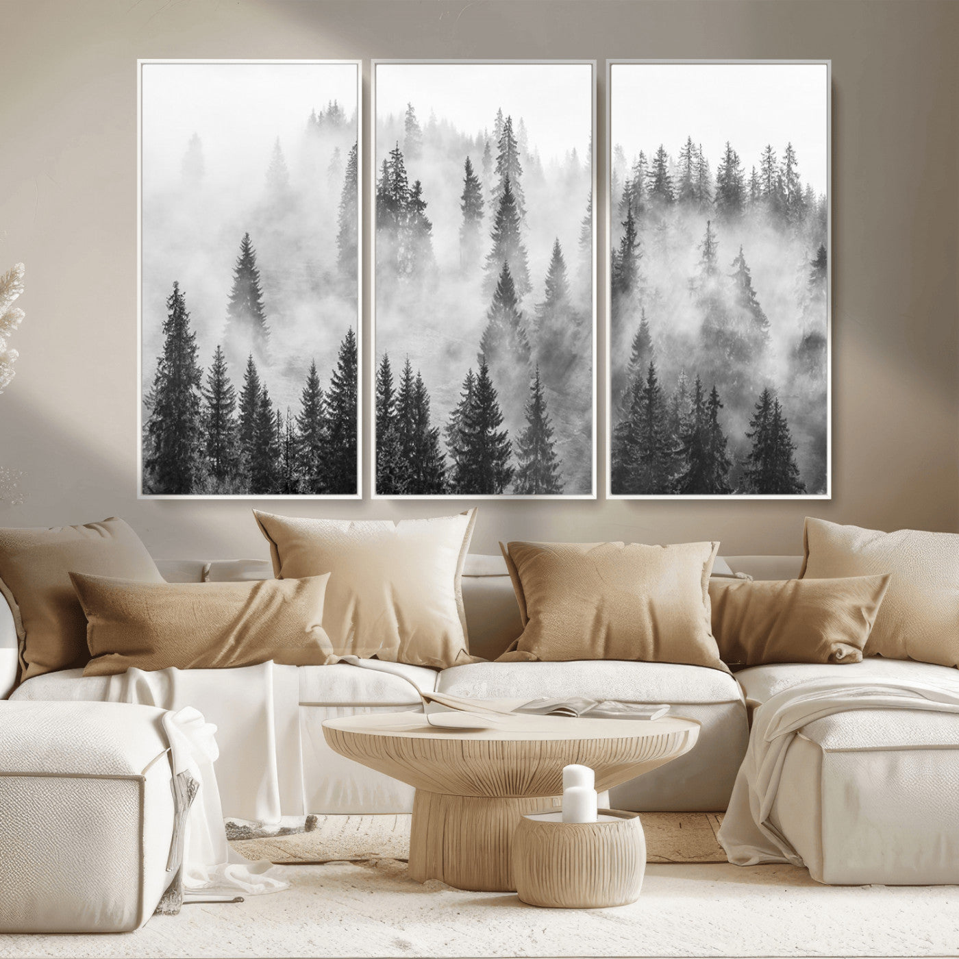 10422-MGV-CV-36X24-Misty Pine Forest Wall Art – Black and White Foggy Landscape Canvas Print, Serene Nature Woodland Decor for Bedroom, Office or