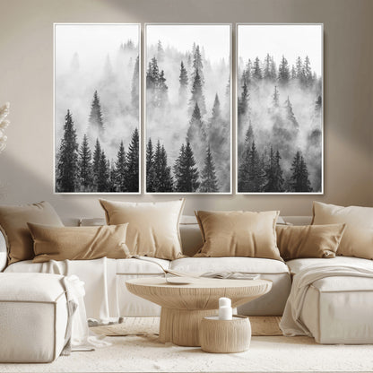 10422-MGV-CV-36X24-Misty Pine Forest Wall Art – Black and White Foggy Landscape Canvas Print, Serene Nature Woodland Decor for Bedroom, Office or