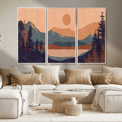 62795-MGV-FC-48X32-3P_White-Minimalist Mountain Landscape Wall Art – Abstract Sunset Over Peaks and Pine Trees Canvas Print, Modern Nature Decor for Living
