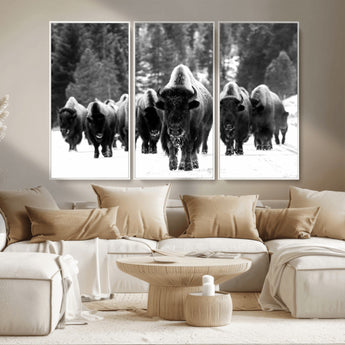 62434-MGV-CV-36X24-Bison Herd Wall Art – Majestic Black and White Buffalo Canvas Print, Wildlife Nature Photography Decor for Living Room, Office or