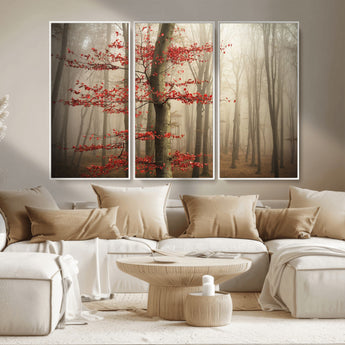 61855-MGV-CV-36X24-Misty Forest Wall Art – Red Tree with Autumn Leaves Canvas Print, Moody Woodland Nature Decor for Living Room, Bedroom, or Office