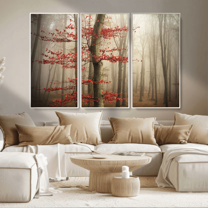 61855-MGV-CV-36X24-Misty Forest Wall Art – Red Tree with Autumn Leaves Canvas Print, Moody Woodland Nature Decor for Living Room, Bedroom, or Office