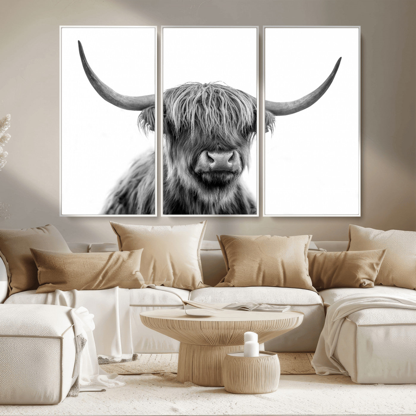 10123-MGV-CV-36X24-Black and White Highland Cow Wall Art – Modern Farmhouse Animal Print, Rustic Scottish Bull Canvas Decor for Living Room, Bedroom,