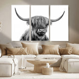 10123-MGV-CV-36X24-Black and White Highland Cow Wall Art – Modern Farmhouse Animal Print, Rustic Scottish Bull Canvas Decor for Living Room, Bedroom,