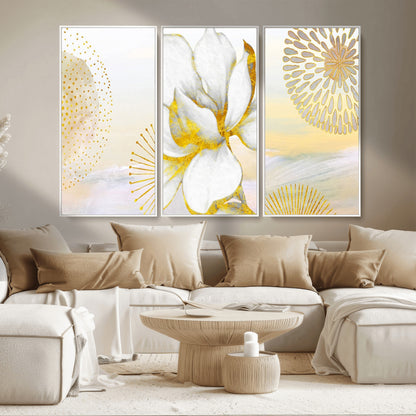82301-MGV-CV-36X24-Modern Floral Wall Art – White Flower with Gold Detailing Canvas Print, Elegant Abstract Artwork for Living Room, Bedroom, or