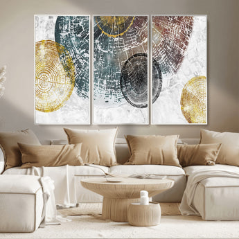 70653-MGV-CV-36X24-Abstract Tree Ring Wall Art – Modern Rustic Wood Slice Canvas Print with Gold Accents, Contemporary Nature Decor for Living Room,
