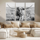 77320-MGV-CV-36X24-Texas Longhorn Wall Art – Black and White Western Cattle Canvas Print, Rustic Farmhouse Animal Photography Decor for Living Room,