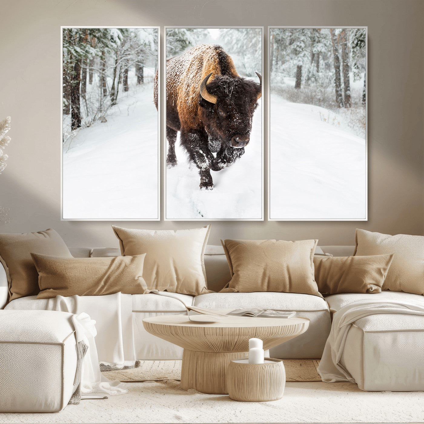 10109-MGV-CV-36X24-Majestic Bison Winter Wall Art – Snowy Forest Buffalo Canvas Print, Rustic Wildlife Photography Decor for Cabin, Lodge, Living