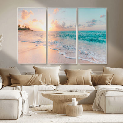 36554-MGV-CV-36X24-Tropical Beach Sunset Wall Art – Ocean Waves and Palm Canvas Print, Coastal Seascape Photography Decor for Living Room, Bedroom,