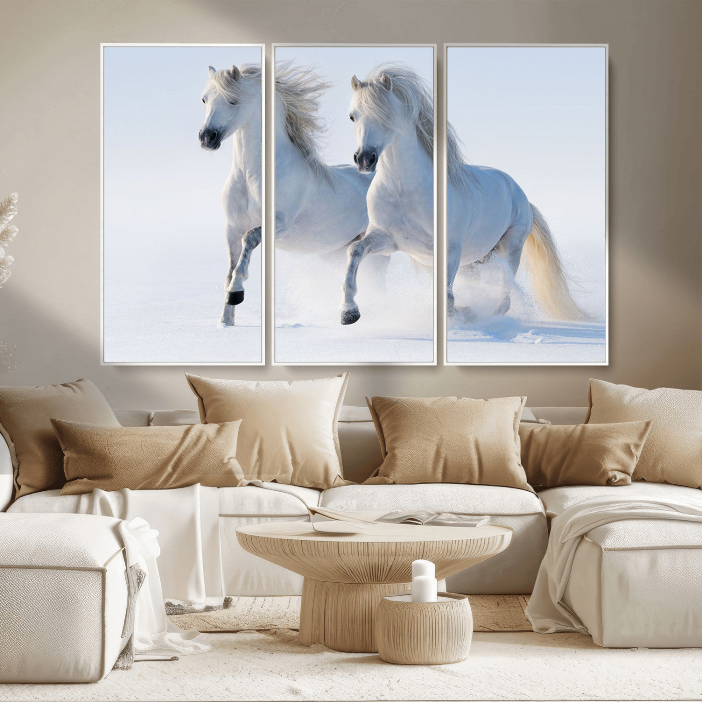 80145-MGV-CV-36X24-White Horses Running Snow Wall Art – Majestic Equine Canvas Print, Winter Nature Photography Decor for Living Room, Office,