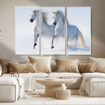 80145-MGV-CV-36X24-White Horses Running Snow Wall Art – Majestic Equine Canvas Print, Winter Nature Photography Decor for Living Room, Office,