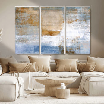 72354-MGV-CV-36X24-Blue and Gold Abstract Wall Art – Modern Minimalist Canvas Print, Textured Contemporary Painting for Living Room, Bedroom, or