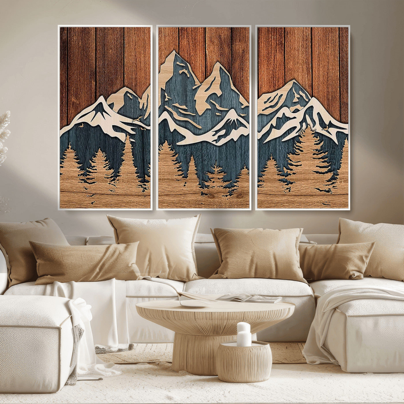 41330-MGV-CV-36X24-Rustic Mountain Wall Art – Wooden Nature Scene with Trees and Peaks, Handmade 3D Layered Decor for Living Room, Cabin or Office