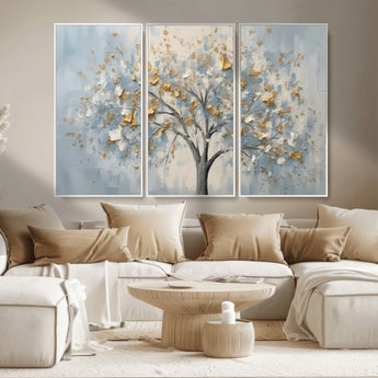 65811-MGV-CV-36X24-Abstract Tree Wall Art – Textured Canvas Painting with Gold and White Leaves, Modern Nature Inspired Decor for Living Room or