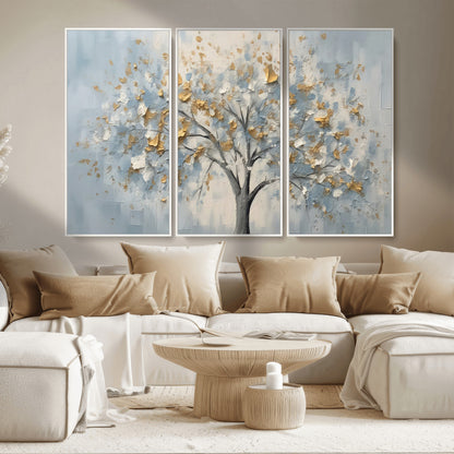 65811-MGV-CV-36X24-Abstract Tree Wall Art – Textured Canvas Painting with Gold and White Leaves, Modern Nature Inspired Decor for Living Room or