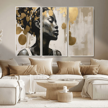 65669-MGV-CV-36X24-Elegant Black Woman Wall Art – Modern Abstract Portrait Canvas with Gold Accents, Contemporary Afrocentric Decor for Living Room