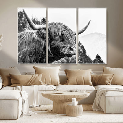 61570-MGV-CV-36X24-Highland Cow Wall Art – Black and White Scottish Bull Canvas Print, Rustic Farmhouse Animal Decor for Living Room, Bedroom, or