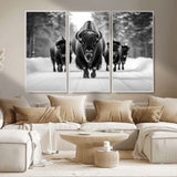 45287-MGV-FC-48X32-3P_White-Bison Herd Wall Art – Black and White Buffalo Snow Road Canvas Print, Rustic Wildlife Decor for Cabin, Lodge or Living Room