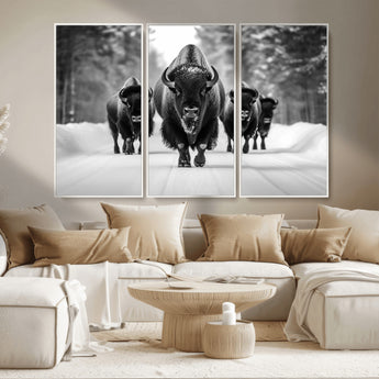 45287-MGV-FC-48X32-3P_White-Bison Herd Wall Art – Black and White Buffalo Snow Road Canvas Print, Rustic Wildlife Decor for Cabin, Lodge or Living Room