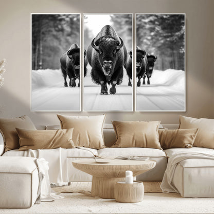 45287-MGV-FC-48X32-3P_White-Bison Herd Wall Art – Black and White Buffalo Snow Road Canvas Print, Rustic Wildlife Decor for Cabin, Lodge or Living Room