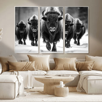 79872-MGV-CV-36X24-Bison Herd Wall Art – Black and White Buffalo on Snow Canvas Print, Rustic Wildlife Decor for Lodge, Cabin, or Living Room