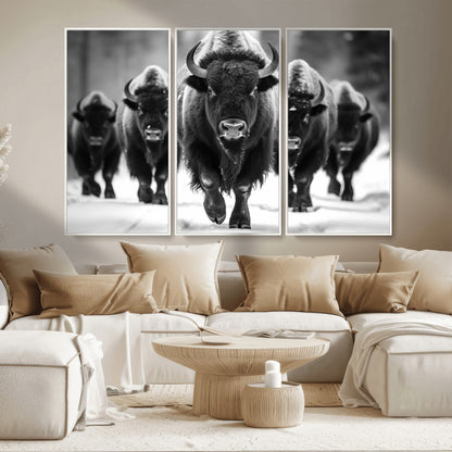 79872-MGV-CV-36X24-Bison Herd Wall Art – Black and White Buffalo on Snow Canvas Print, Rustic Wildlife Decor for Lodge, Cabin, or Living Room