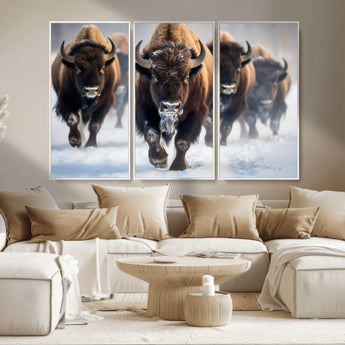 80512-MGV-CV-36X24-Bison Herd Wall Art – Buffalo Running in Snow Canvas Print, Rustic Wildlife Photography Decor for Cabin, Lodge, or Living Room