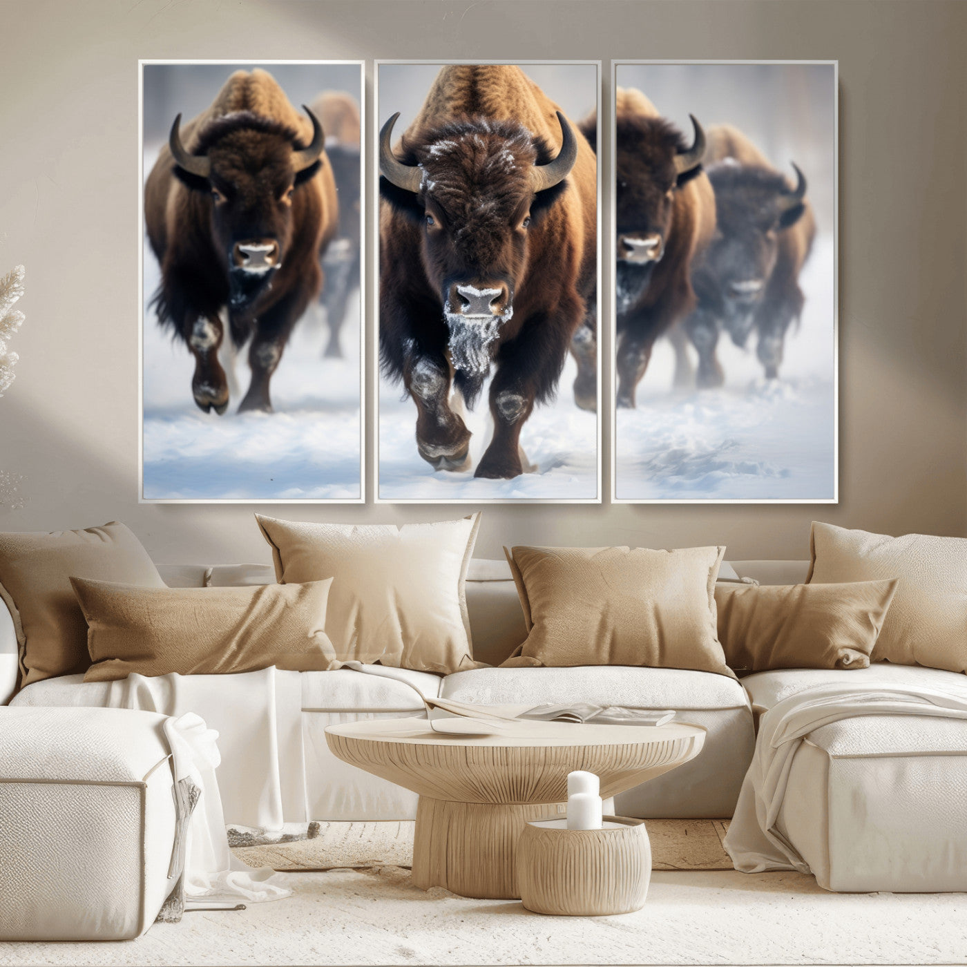 80512-MGV-CV-36X24-Bison Herd Wall Art – Buffalo Running in Snow Canvas Print, Rustic Wildlife Photography Decor for Cabin, Lodge, or Living Room