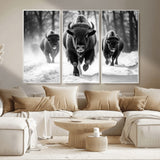 97552-MGV-CV-36X24-Black and White Bison Wall Art – Buffalo Herd Running in Snow Canvas Print, Rustic Wildlife Photography Decor for Cabin, Lodge, or