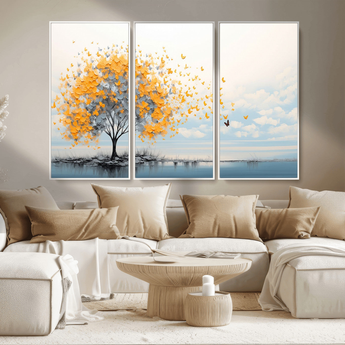 23385-MGV-CV-36X24-Golden Butterfly Tree Wall Art – Abstract Yellow and Gray Canvas Print, Modern Nature Artwork for Living Room, Bedroom or Office