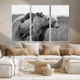 76338-MGV-CV-36X24-Mother Bear and Cub Wall Art – Black and White Wildlife Canvas Print, Rustic Nature Photography for Cabin, Living Room or Office