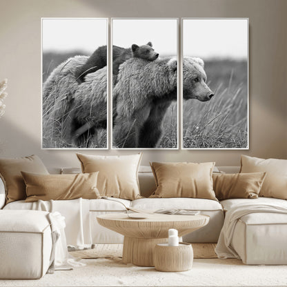 76338-MGV-CV-36X24-Mother Bear and Cub Wall Art – Black and White Wildlife Canvas Print, Rustic Nature Photography for Cabin, Living Room or Office