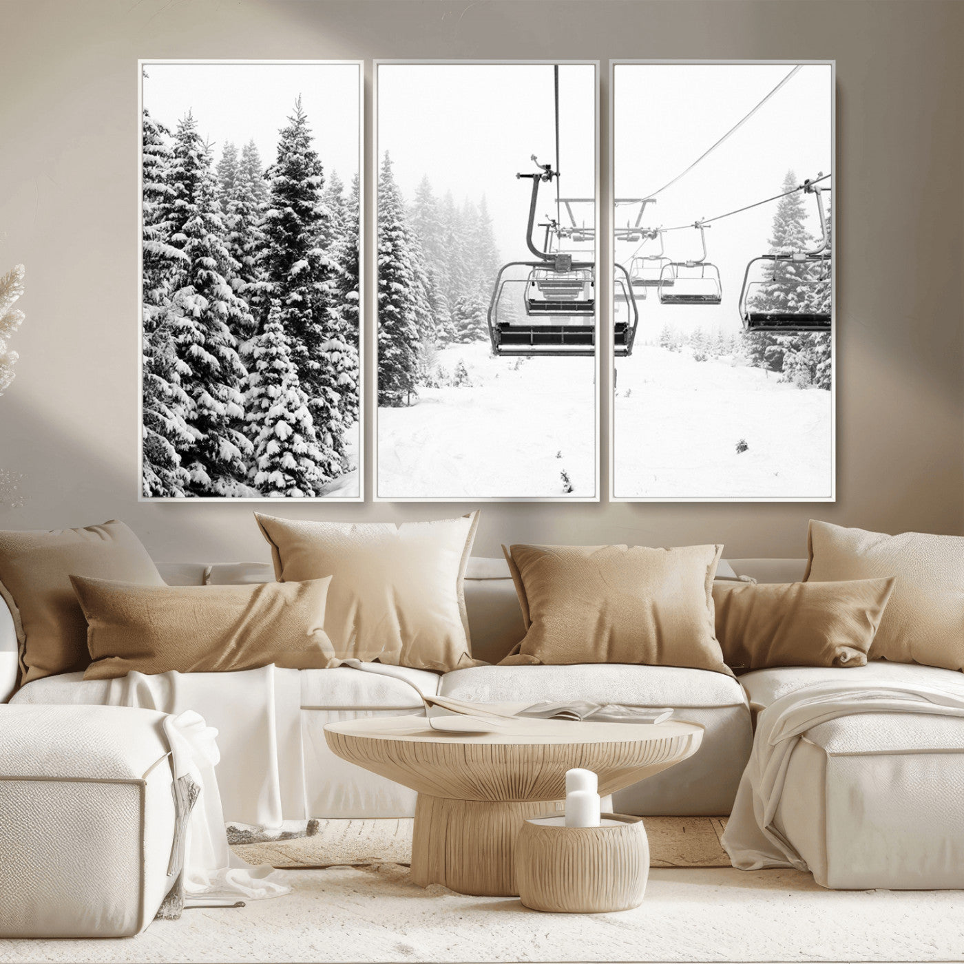70609-MGV-CV-36X24-Snowy Ski Lift Wall Art – Black and White Winter Mountain Landscape Canvas Print, Rustic Lodge Decor for Cabin, Living Room or