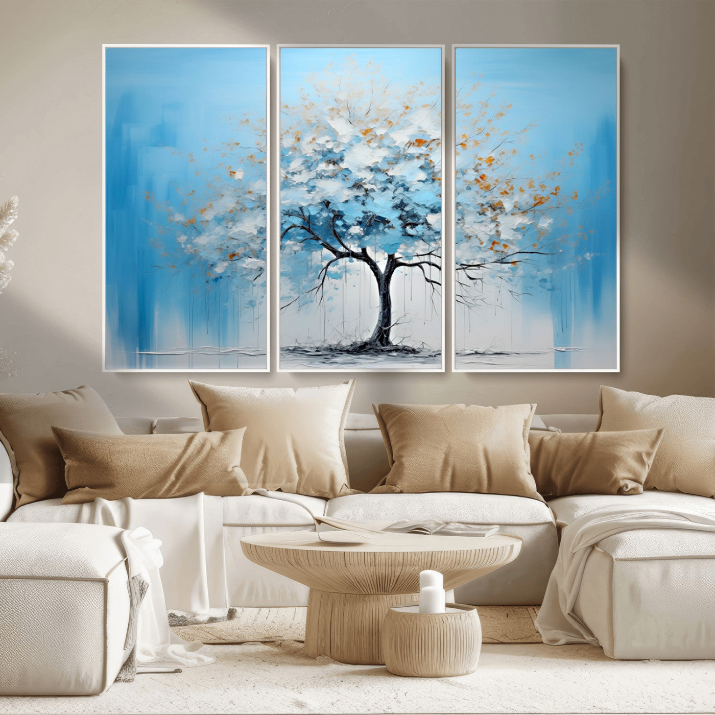 25021-MGV-CV-36X24-Abstract Tree Wall Art – Blue and White Canvas Painting with Gold Accents, Modern Nature-Inspired Artwork for Living Room, Bedroom