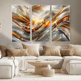 Lines1-MGV-CV-36X24-Abstract Metallic Wall Art – Silver and Gold Wave Canvas Print with Sparkling Accents, Modern Luxury Decor for Living Room, Office