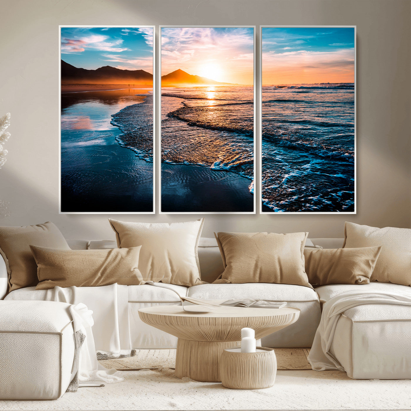 26494-MGV-CV-36X24-Ocean Sunset Wall Art – Scenic Beach Canvas Print with Waves and Mountains, Coastal Seascape Photography for Living Room, Bedroom