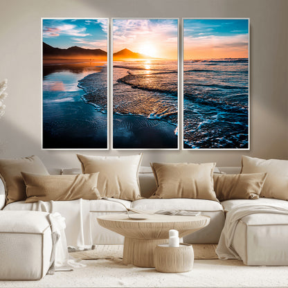 26494-MGV-CV-36X24-Ocean Sunset Wall Art – Scenic Beach Canvas Print with Waves and Mountains, Coastal Seascape Photography for Living Room, Bedroom