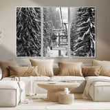 19240-MGV-CV-36X24-Ski Lift Wall Art – Black and White Winter Mountain Canvas Print, Snowy Forest Ski Resort Photography for Cabin, Lodge, Office or