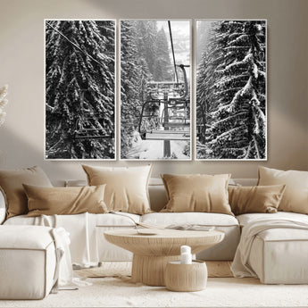 19240-MGV-CV-36X24-Ski Lift Wall Art – Black and White Winter Mountain Canvas Print, Snowy Forest Ski Resort Photography for Cabin, Lodge, Office or